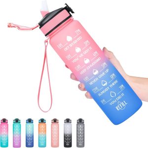 Hyeta 32 oz Water Bottles with Times to Drink and Straw.