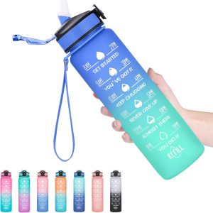 Hyeta 32 oz Water Bottles with Times to Drink and Straw.
