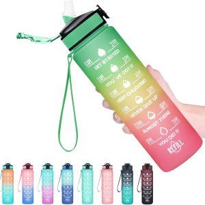 Hyeta 32 oz Water Bottles with Times to Drink and Straw.