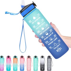 Hyeta 32 oz Water Bottles with Times to Drink and Straw.