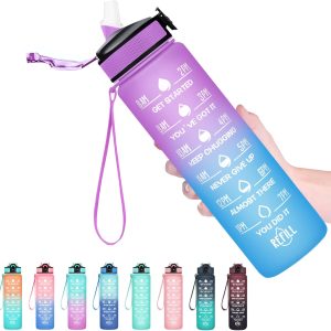 Hyeta 32 oz Water Bottles with Times to Drink and Straw. Motivational Water Bottle with Time Marker.