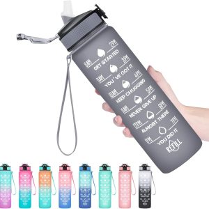 Hyeta 32 oz Water Bottles with Times to Drink and Straw.