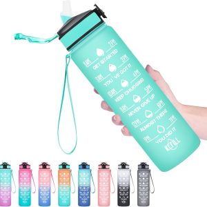 Hyeta 32 oz Water Bottles with Times to Drink and Straw.